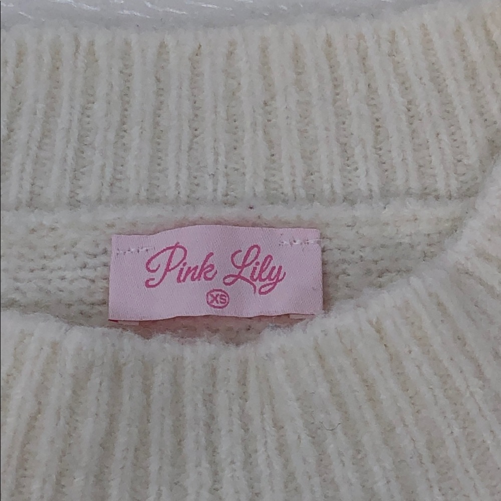 Pink Lily Sweater Beige Knit Black Bow Crewneck Long Sleeves Size XS - Picture 3 of 11